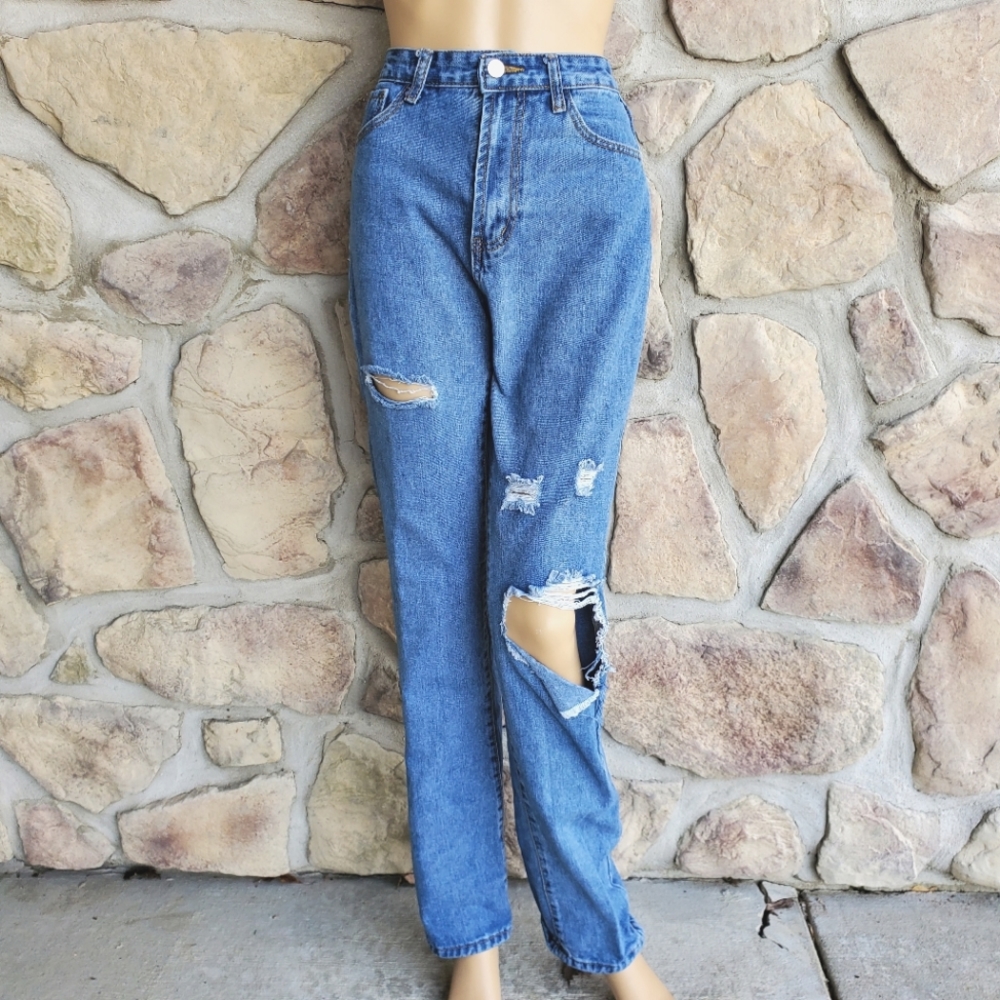 SHEIN | High Rise Straight Leg Distressed Jeans